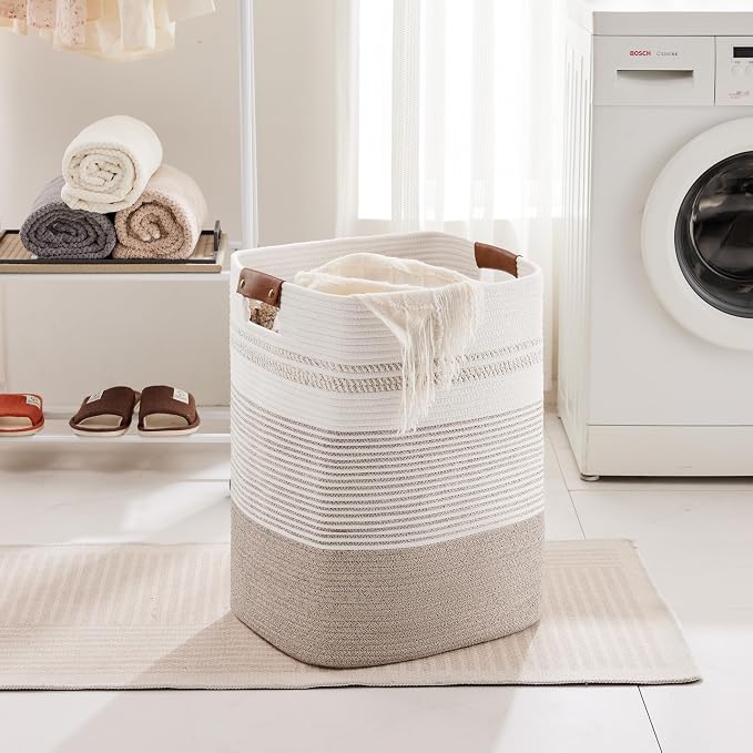 85L Tall Woven Laundry Basket Hamper with Leather Handles,Brown | collapsible wicker hamper, storage for dirty clothes, toys, blankets, gifts, living room, bedroom, bathroom, 17"x14"x22"