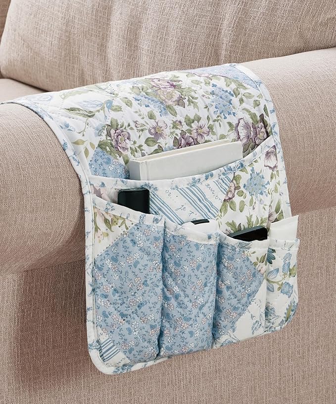 Brilliant Sunshine Blue Roses Patchwork Couch Armrest Cover, 35"×13" | Washable Magazine Holder, Armrest Organizer & Caddy on Sofa, Recliner, Armchair, Storage for Remote Controls, Phone, iPad