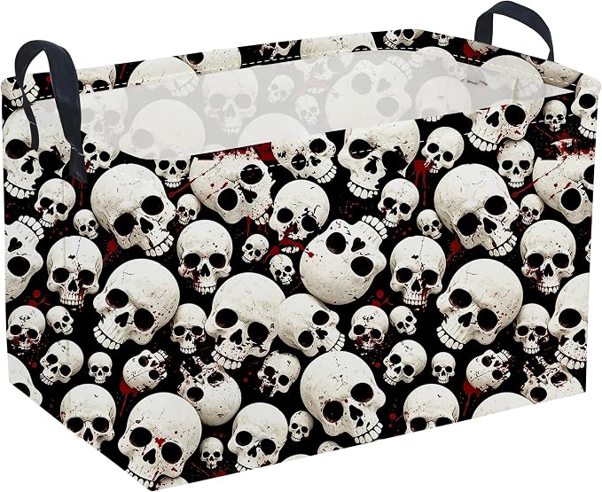 Sanjiaofeng Rectangular Gothic Skull Halloween Storage Basket,Empty Halloween Basket.Cute Baskets for Room Decor, Pumpkin Baskets with Handles.Books Bins,Gifts Box(Skull)