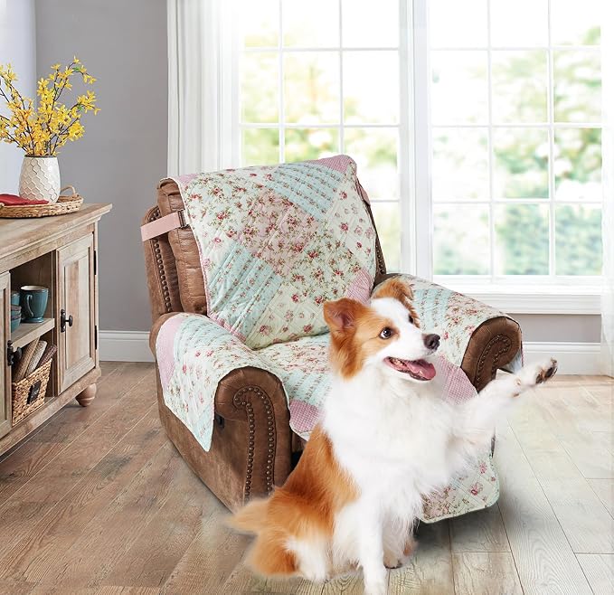 Brilliant Sunshine Pink & Green Roses Couch Recliner Cover, 28" seat | Quilted Sofa Cover, Living Room & Bedroom Furniture Protector, Large Washable Reclining Chair Slipcover for Pets, Dogs & Cats