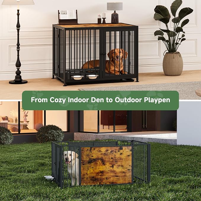 Heavy Duty Dog Crate for Medium Dogs, 3 in 1 37.8" Foldable Collapsible Dog Kennel & Playpen with Wheels & Feeding Bowls, Escape-Proof Metal Dog Cage for Indoor Outdoor Use, Rustic Brown