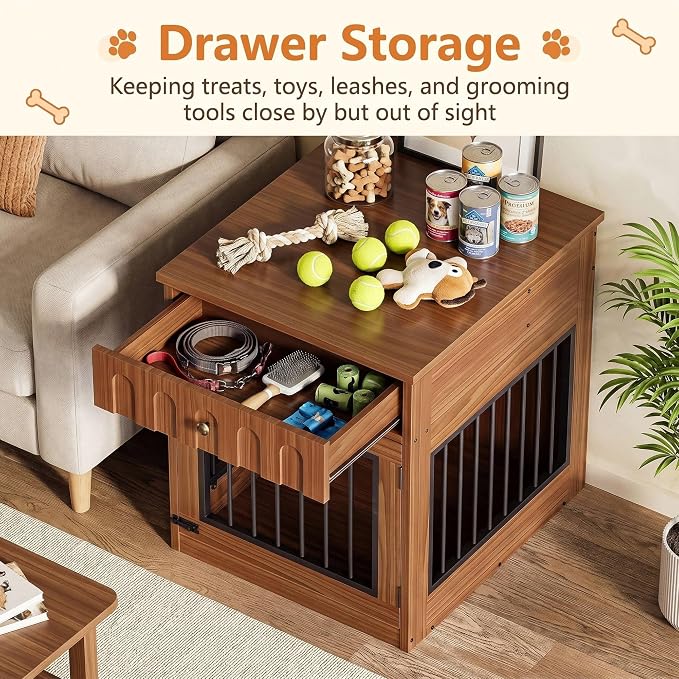 IRONCK 25.6" Wooden Dog Crate Furniture with Storage for Small Dogs | Drawer and flip top keep pet supplies tidy. Reinforced steel frame. Walnut finish for living rooms and hallways.