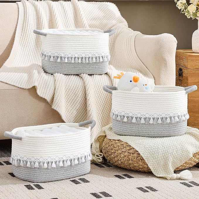 Storage Basket, Woven Baskets for Shelves, Gray | 3 Pack Boho Cotton Rope Storage Baskets, 14" x 9" x 8", Home Organizer for Nursery, Holds Toys, Books & Towels