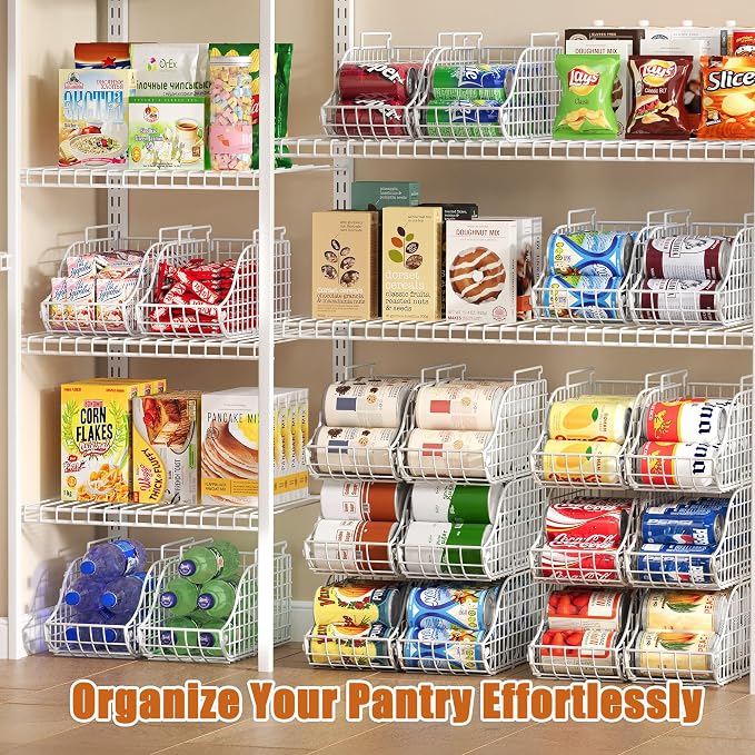 Sonyabecca 4-Pack Stackable Can Rack Organizer for Kitchen Pantry，White | Soda Can Organizer and Food Storage Dispenser for Pantry Cabinets. Foldable Wire Rack Keeps Canned Food Organized