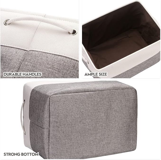 Sea Team Oversized Rectangle Canvas Open-Top Storage Baskets, 3-Pack | Collapsible Fabric Storage Bins with Handles, Closet Shelf Organizers, 22 x 15 x 13 Inches, Gray & White