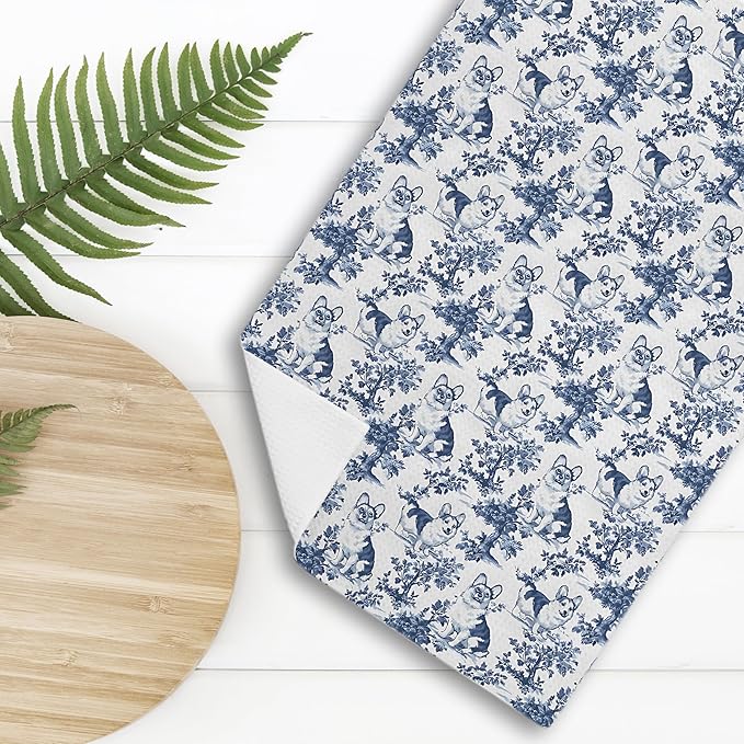 Chinoiserie Corgi Kitchen Towels, Blue and White Floral Botanical Grandmillennial Dog Decor Dish Tea Towels, Corgi Gifts Hand Towels for Kitchen Bathroom, 16x24 Inch