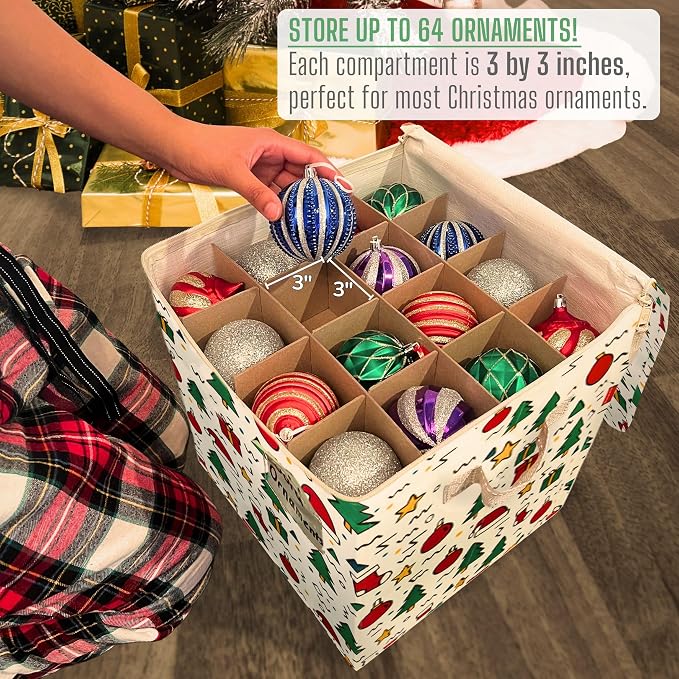 VENO 4 Pack Christmas Ornament Storage Box, Holiday Ornament Organizer with Adjustable Dividers, Sturdy Storage Containers for 64 Ornaments, Zippered Lid & Handles, 3" Cube (Jingle Mix)
