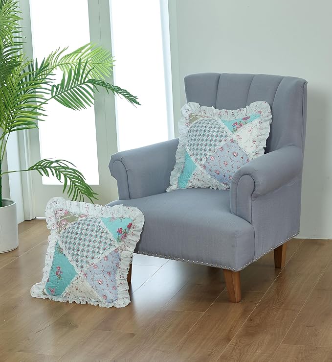 Brilliant Sunshine Blue & Green Roses Ruffle Pillowshams Set, 18"x18" | Patchwork Design with Ruffles, Quilted Pillow Covers, Washable Throw Cushion Cases for Couchs and Beds, Pack of 2