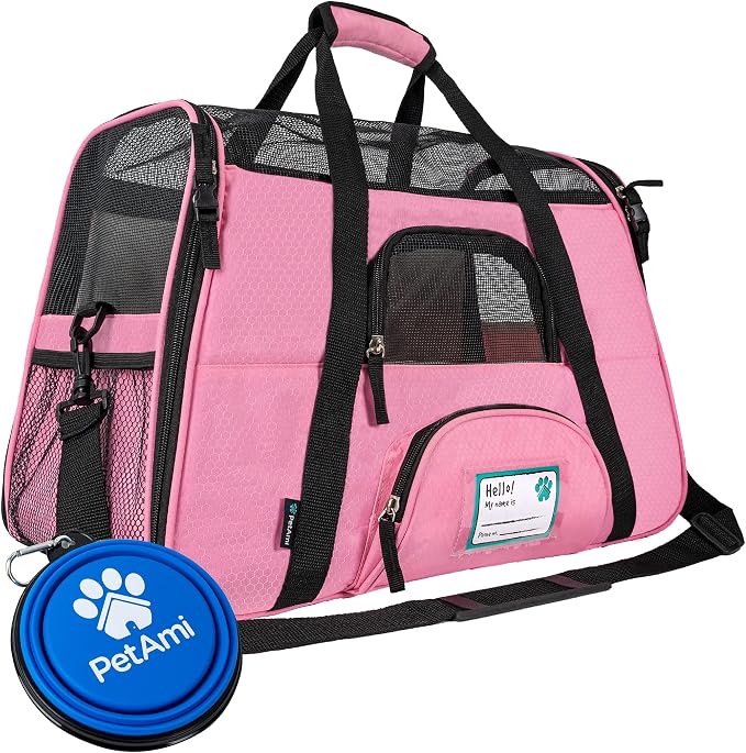 PetAmi Airline Approved Pet Carrier for Cats & Small Dogs, Large, Pink | Soft Sided TSA Travel Bag, Sherpa Bed, Breathable Mesh Ventilation, Collapsible Bowl, Fits Under Seat, Up to 18 lbs