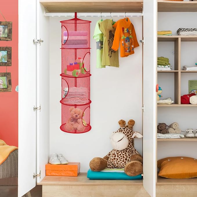 2Pcs Hanging Stuffed Animal Storage Hammock 4 Tiers, Red | Hanging Mesh Storage Organizer for Kids Room, Holds Plushies, Gloves, Hats, Socks, Foldable Space-saving Design