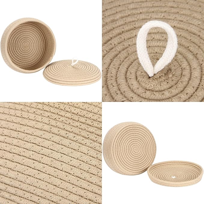 Sea Team Round Woven Cotton Rope Storage Basket with Lid, Khaki | Lidded Knitted Decorative Storage Bin, Pot, Caddy, Organizer, Container for Snacks, Towels, Plants, 10 x 4.5 Inches