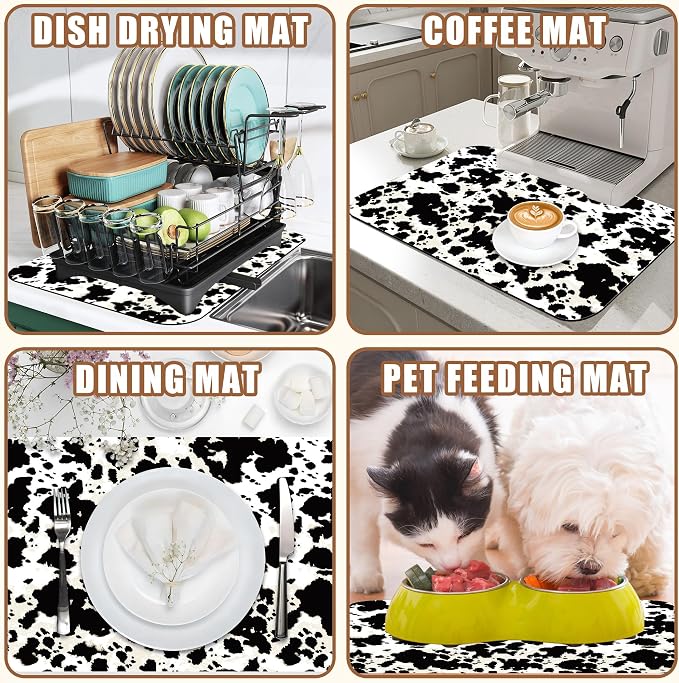 Dish Drying Mat Cow Print Coffee Bar Mat for Countertop Absorbent Drying Rack Pad Hide Stain Rubber Backed Dish Drainer Rack Pad Espresso Machine Dining Room Decoration 15.7 x 23.6 Inch