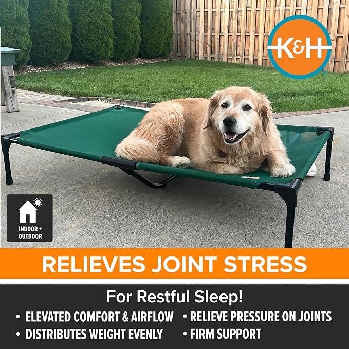 K&H Outdoor Elevated Dog Bed, Cooling Raised Dog Bed, Medium 32x25in, Green | Pet Cot for Small & Medium Pets, Breathable Mesh 360 Hammock Design, Indoor/Outdoor Washable Cover, Portable Metal Frame