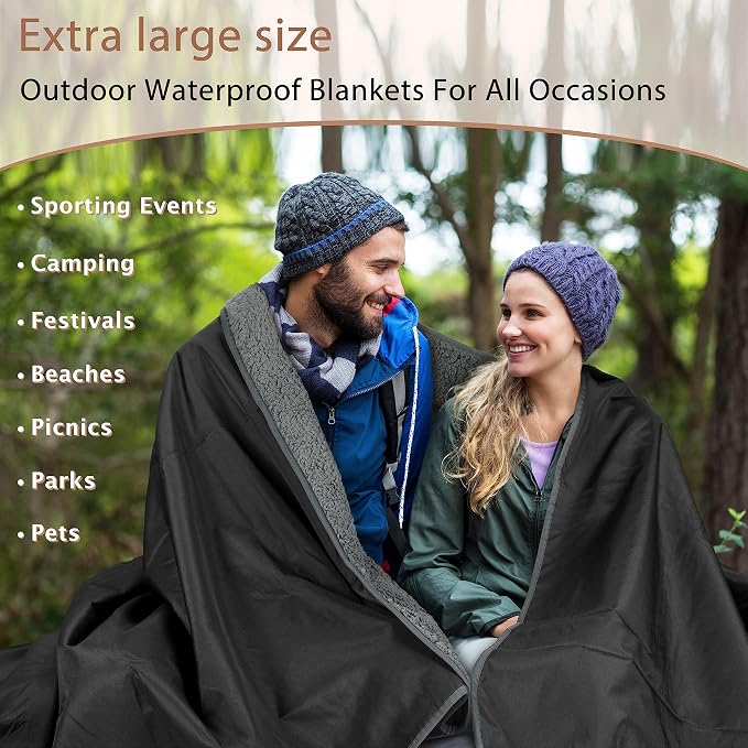 Tirrinia Waterproof Outdoor Blanket with Sherpa Lining, Windproof Foldable