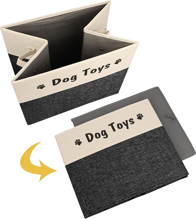 PET ARTIST Large Dog Toy Basket, Foldable Dog Toy Bin Box for Living Roon Area, Collapsible Storage Baskets with Comfortable Handles for Pet Coat,Accessories, Black, 15"x13"x12"