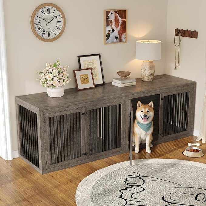 AMERLIFE Dog Crate Furniture for Medium/Large Dogs with Storage and Divider | 3-in-1 Corner Dog Kennel, Space-Saving Heavy Duty Large Cage, Grey
