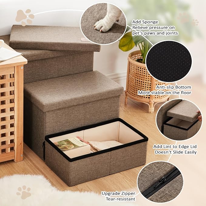 Love's cabin Dog Stairs for High Bed, Foldable Pet Stairs for Small Medium or Large Dogs Puppy with Storage for Bed or Couch, Cat Dog Steps Ramp with Zip up to 200 lbs, Light Brown, 3 Steps