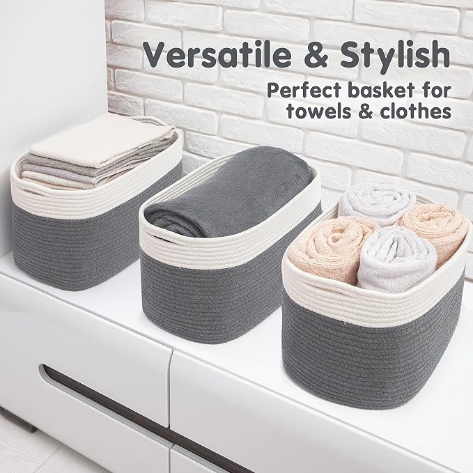 CHAT BLANC Cotton Rope Baskets for Organizing, Shelves, Toys, Storage, Shoe, Bathroom, Laundry, Towel, Nursery, Home Decor, Blanket, Cloth Woven Bins Fabric (Creamy White & Graphite, 15"x10"x9")