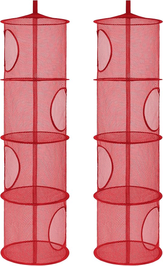 2Pcs Hanging Stuffed Animal Storage Hammock 4 Tiers, Red | Hanging Mesh Storage Organizer for Kids Room, Holds Plushies, Gloves, Hats, Socks, Foldable Space-saving Design