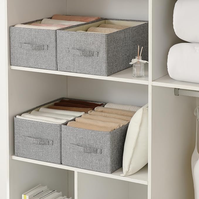 linen closet organizers and storage, Large Storage Baskets, washable, clothes organizer with handle, sweater organizer for closet (dark grey, 15¾"x11¾ x9¾)