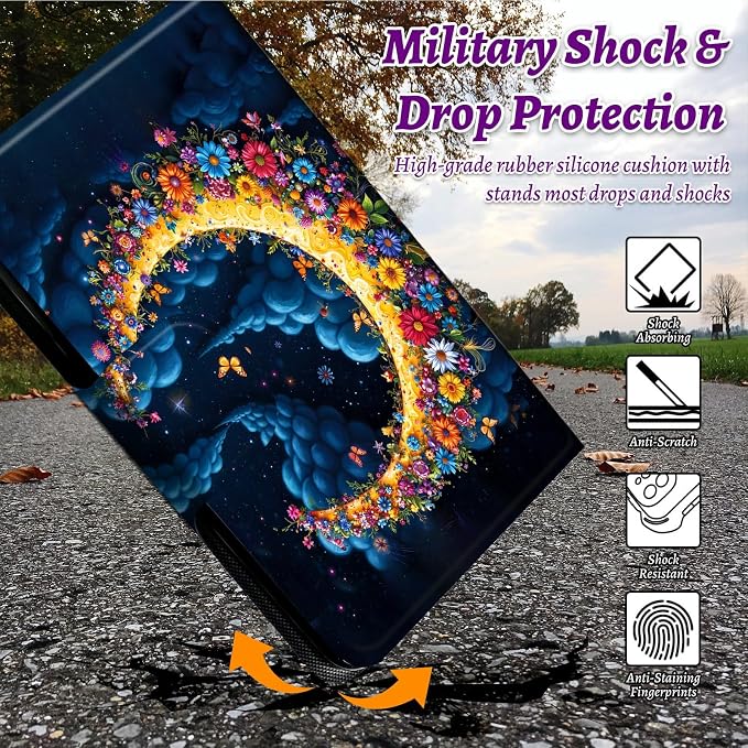 Rotating Handle Case for Samsung Galaxy Tab S10 Plus 2024/S9 FE+/S9 Plus 12.4 Inch 2023, 360 Degree Swivel Kickstand with Magnetic Closure Leather Protective Cover, Dark Clouds Moon