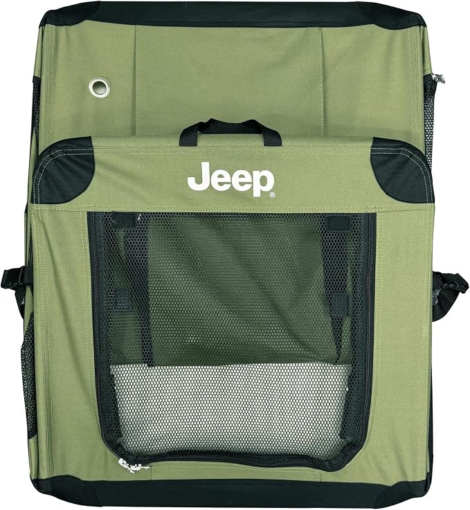 Jeep Portable Travel Crate for Dogs (Rugged Green) Easy Collapsible Soft Sided Kennel Carrier for Pets with Fleece Pad – Gifts for Jeep Owners (32 x 23 x 23 inch - Large)