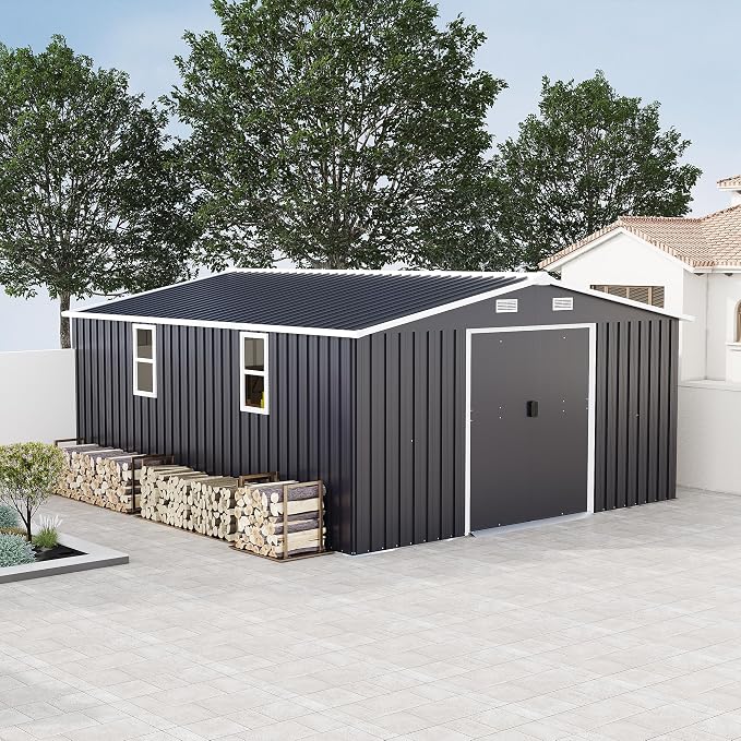 10x12FT Outdoor Metal Storage Shed, Two Daylight Windows, Dark Gray | Ventilation Windows | Spacious Storage | Waterproof | Protective Film | for Patio, Lawn and Utility Equipment