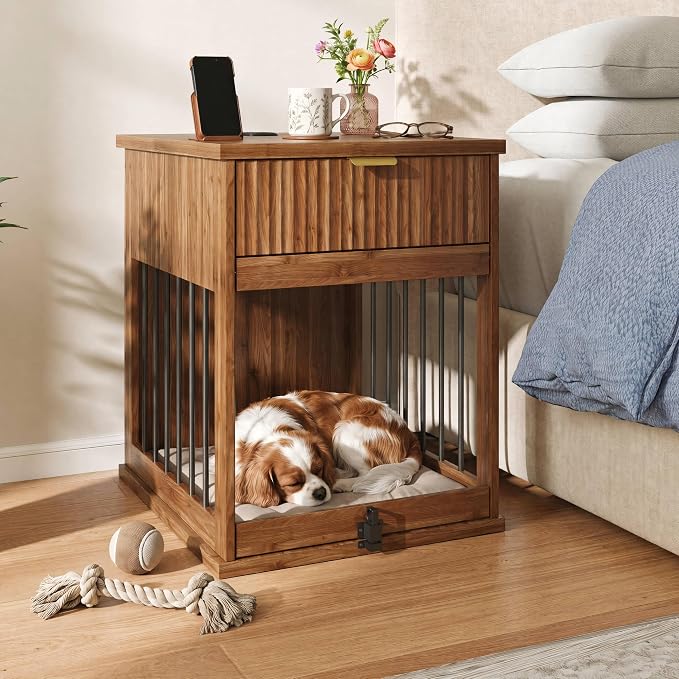 23.6" Small Dog Crate End Table with Charging Station, Dogs Kennel Furniture with Tempered Glass Door and Drawer, Wooden Decorative Dog Crates for Small Medium Dogs, Walnut