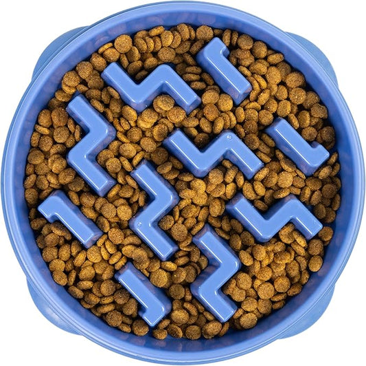 Outward Hound Fun Feeder Slo Bowl – Large 4‑Cup Capacity, Slow Feeding, Medium to Large Dogs, Non‑Slip, Blue, Notch Pattern