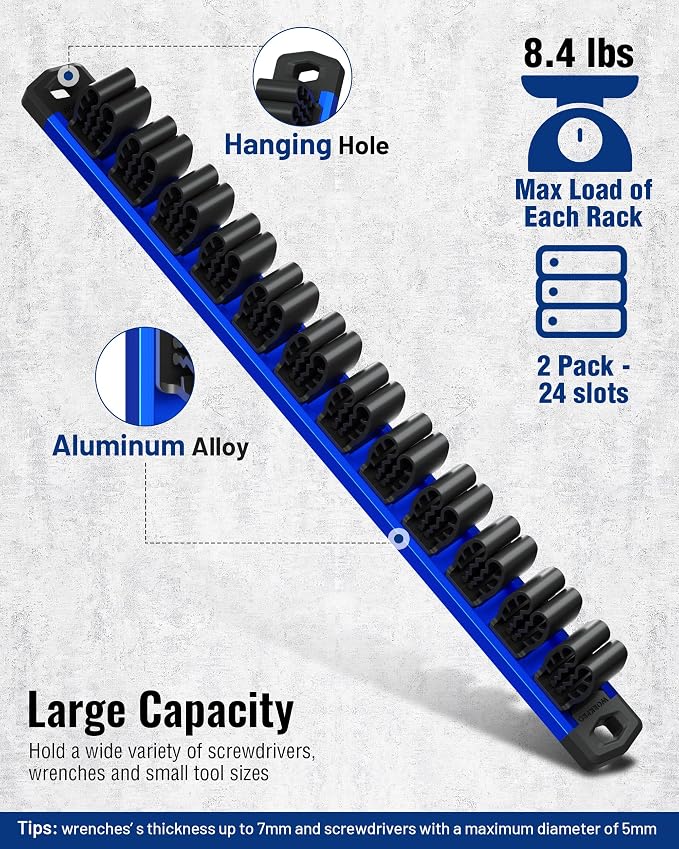 WORKPRO Magnetic Screwdriver and Wrench Organizer Set, 24-Slot Tool Holders | 2-Pack Aluminum Rails, Magnetic Force, Flexible High-Tension Tool Clips, For Tool Box Drawer & Wall-Mount Storage