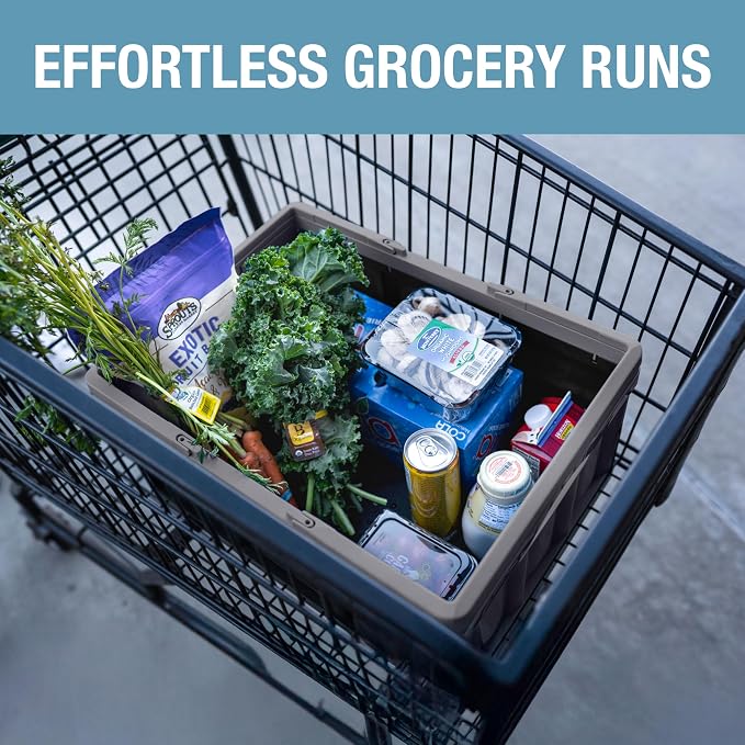 CleverMade Collapsible Shopping Basket, 32L Storage Crate, 1 Pack, Stone | Carry Bigger Grocery Hauls with Confidence | Rigid Walls Hold 35 lb, While Top and Side Handles Balance the Load
