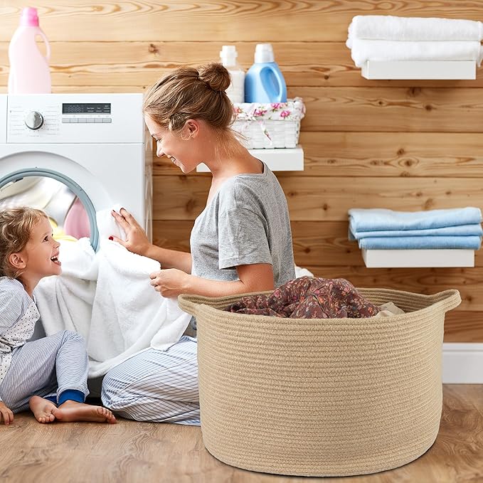 XUANGUO Extra Large Jute Rope Round Storage Basket 22" x 12" | Woven basket for blankets, toys, towels, laundry, nursery, living room and pet toy storage.