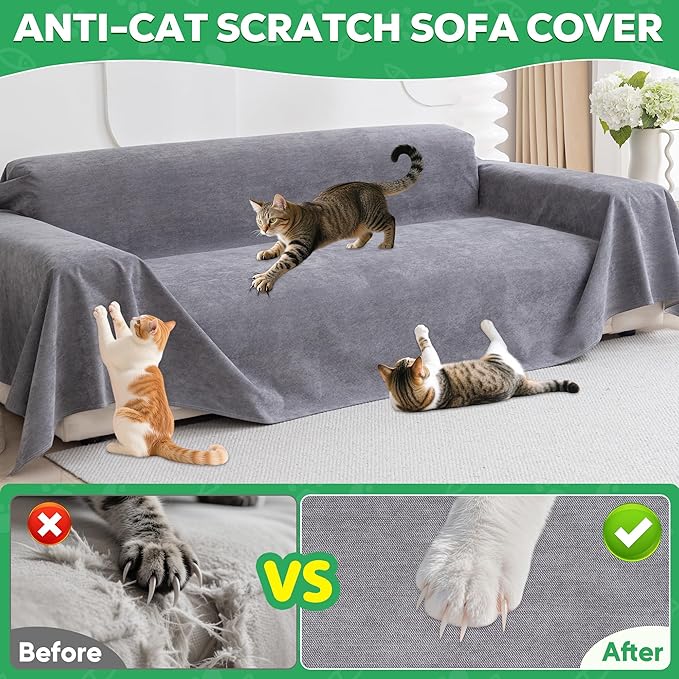 Loiion Cat Scratch Proof Furniture Protector Waterproof Sofa Cover 118"x71" | Pet-Friendly Couch Protector, Anti-Scratch & Anti-Slip Sofa Cover For Cats Dogs Kids, Machine Washable