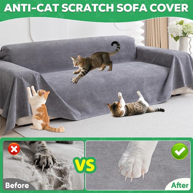 Loiion Cat Scratch Proof Furniture Protector Waterproof Sofa Cover 150"x71" | Pet-Friendly Couch Protector, Anti-Scratch & Anti-Slip Sofa Cover For Cats Dogs Kids, Machine Washable