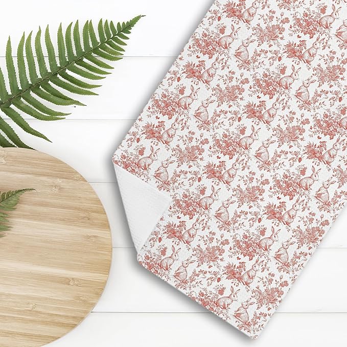 Pink Chinoiserie Rabbit Kitchen Towels,Farm Rabbit Gift Decorative Hand Towels,Pink Grandmillennial Botanical Animal Print Floral Dish Tea Towels Decor for Kitchen Bathroom, 16x24 Inch