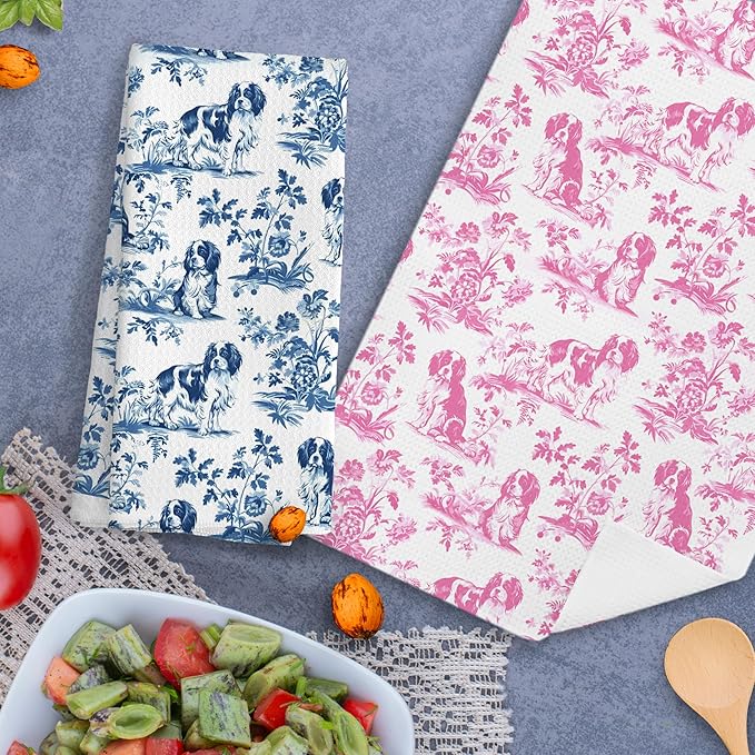 Chinoiserie Cavalier King Charles Spaniel Kitchen Towels Set of 2,Blue and Pink Floral Cavalier Spaniel Grandmillennial Dog Hand Towels Decorative for Kitchen Bathroom Decor, 16x24 Inch