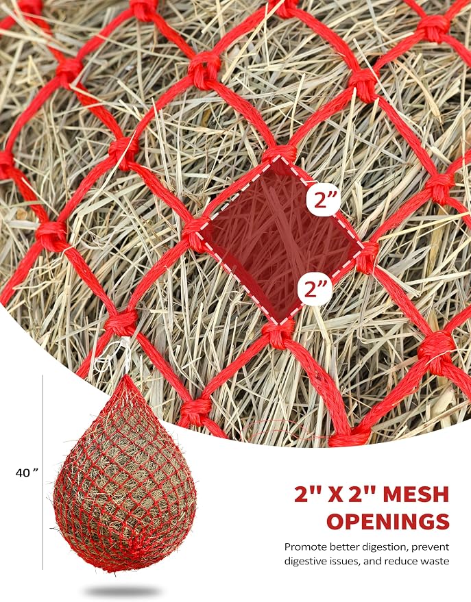 Harrison Howard Slow Feed Hay Net for Horses, 40 Inch Hay Bag Holds 1–2 Flakes, 2 Inch Mesh Durable Hanging Feeder for Stable, Pasture & Livestock-Red