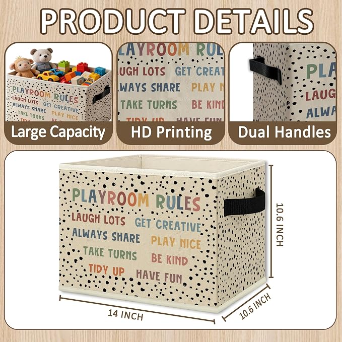 Boho Nursery Playroom Cube Storage Bins with Handles, Playroom Rules Collapsible Fabric Storage Basket Boxes Books Clothes Organizer for Kids Boys Girls Room Bedroom Playroom Bathroom