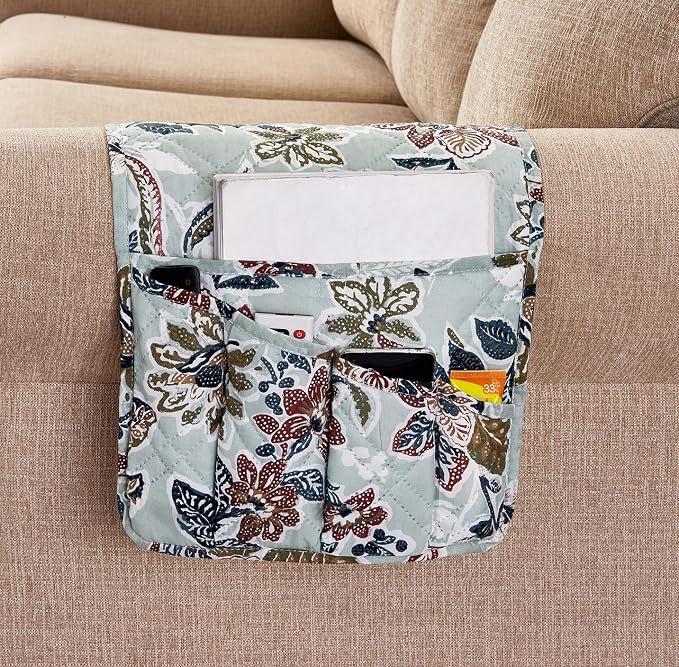 Brilliant Sunshine Vintage Green Flowers Couch Armrest Cover, 35"×13" | Washable Magazine Holder, Armrest Organizer & Caddy on Sofa, Recliner, Armchair, Storage for Remote Controls, Phone, iPad
