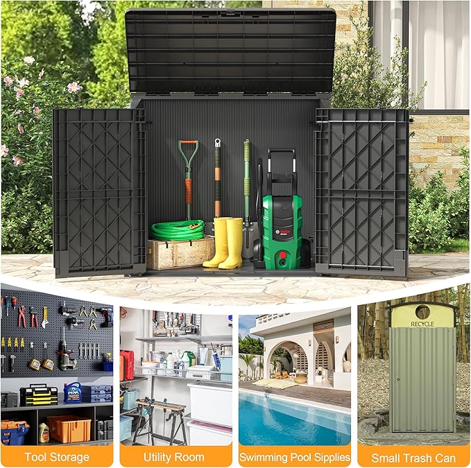 LHBcraft Outdoor Storage Cabinet 37 Cu Ft with Lockable Doors, Portable Horizontal Resin Storage Shed -Easy to Assemble, Waterproof Outdoor Storage Box for Backyards,Patios Black