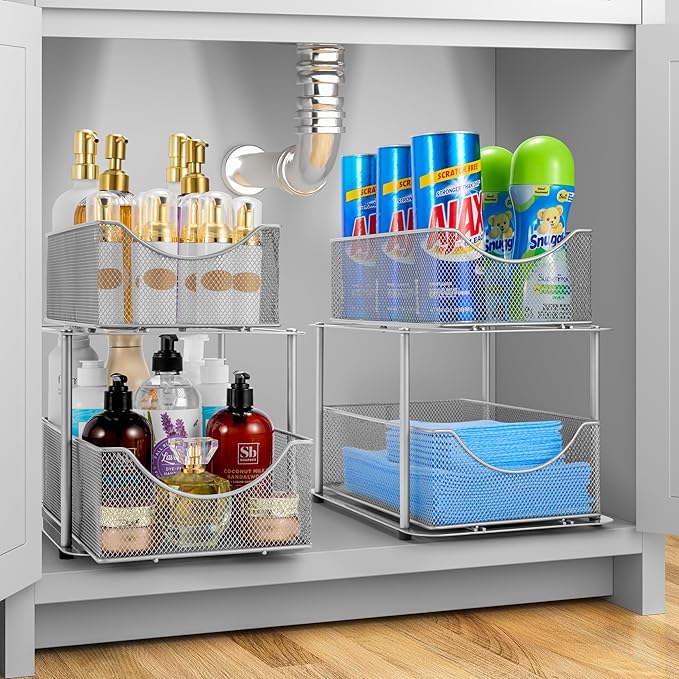 Sorbus Pull-Out Under Sink Organizer, Mesh Construction (Silver, 1 Pack) | Two-tier metal organization with strong steel and sliding drawers for bathrooms, kitchens, cabinets, closets and pantries.