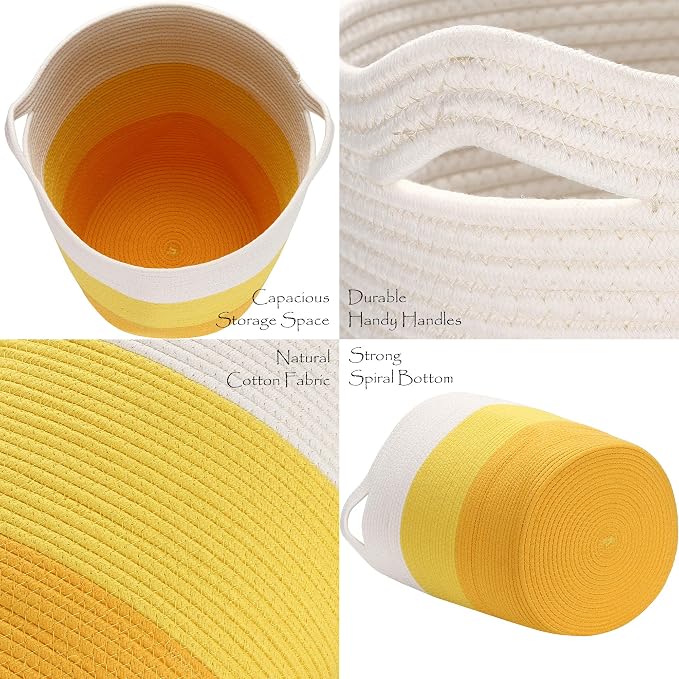 Sea Team Large Woven Cotton Rope Laundry Basket with Handles, 20 x 14 in | Collapsible Knitted Hamper, Closet Shelf Organizers, Containers for Clothing, Blankets, Toys, Bedding, Yellow