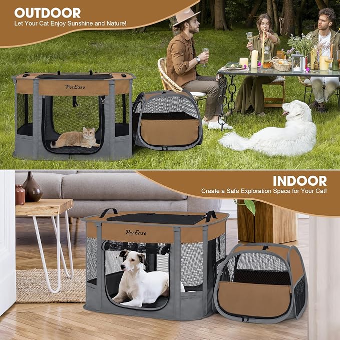 Portable Cat Playpen with Litter Box, Cat Enclosure for Camping, Cat Recovery Playpen After Surgery, Foldable Indoor Outdoor Pet Tent for Cats Rabbits Puppies (Brown)