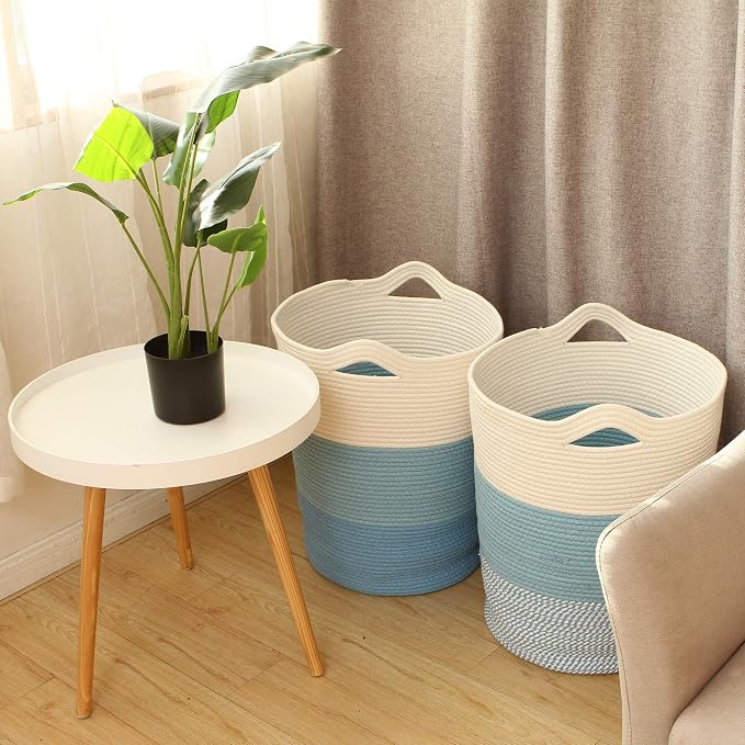 Sea Team Large Woven Cotton Rope Laundry Basket with Handles, 20 x 14 in | Collapsible Knitted Hamper, Closet Shelf Organizers, Containers for Clothing, Blankets, Toys, Bedding, Blue