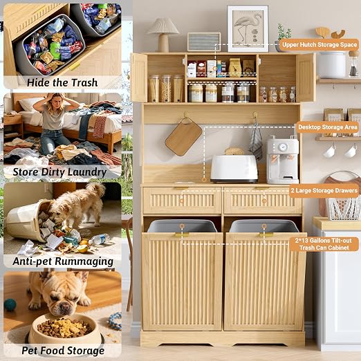 2 x 13 Gallons Double Tilt Out Trash Cabinet with Power Outlet, Natural Oak | 71" Tall Kitchen Fluted Pantry Storage Hutch Cabinet with 2 Drawers, Garbage Can Holder Cabinet with Adjustable Shelve