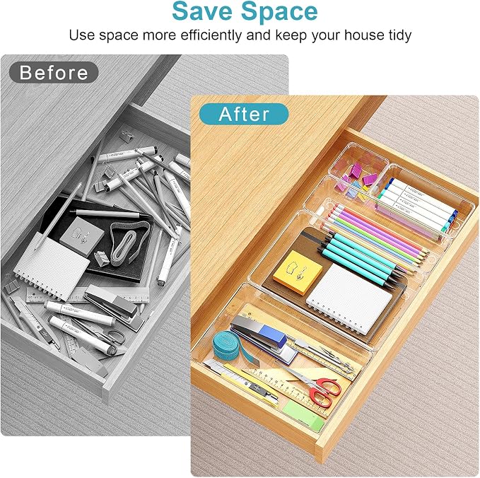 Manalete 65 Pcs Clear Plastic Drawer Organizer, Makeup & Vanity Organizer | 4-Size Versatile Desk Organizer & Storage Bins for Kitchen, Bathroom, Office, Jewelries, Easy Clean, Stackable, BPA-Free