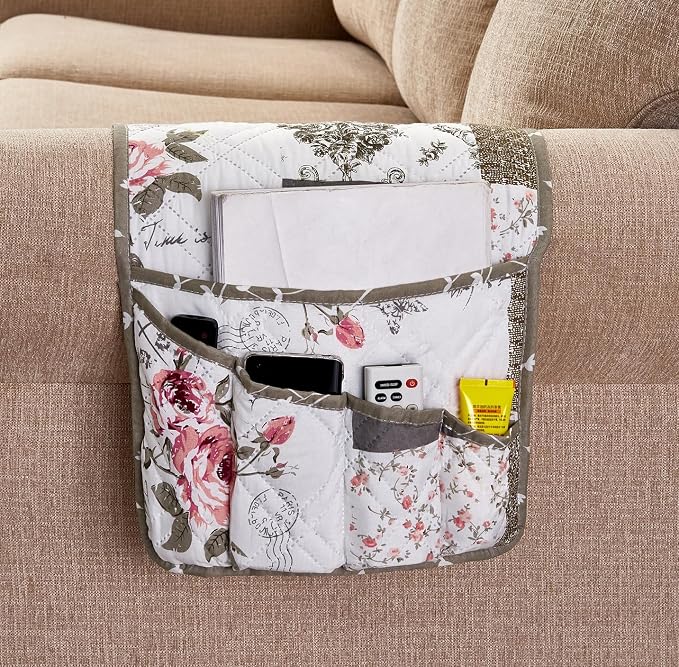 Brilliant Sunshine Pink Rose & Grey Toile Couch Armrest Cover, 35"×13" | Washable Magazine Holder, Armrest Organizer & Caddy on Sofa, Recliner, Armchair, Storage for Remote Controls, Phone, iPad