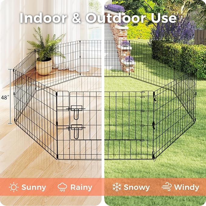 48" H Dog Playpen, 8 Panels Foldable Metal Pet Exercise Pen with Door | Pet Dog Fence for Medium-Large Dogs, Indoor/Outdoor Use Metal Playpen, Portable Fence for Yard Garden Camping, Black