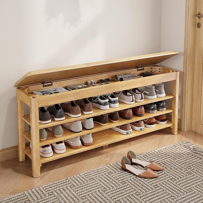IUNVR Shoe Rack Bench Seat Rubberwood 3-Tier Wooden Storage Bench 550lbs Compact Mid-Century Modern Design for Entryway, Hallway, Closet, Front Door Entrance, Foyer