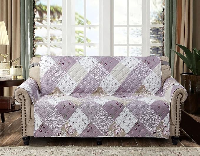 Brilliant Sunshine Lilac & Beige Roses Patchwork Loveseat Cover, 54" seat | Quilted Sofa Cover, Living Room & Bedroom Furniture Protector, Large Washable Love Seat Slipcover for Pets, Dogs & Cats